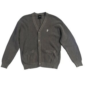 HUF Mens Gray Waffle Knit Button Front Cardigan Sweater Logo Size Large
